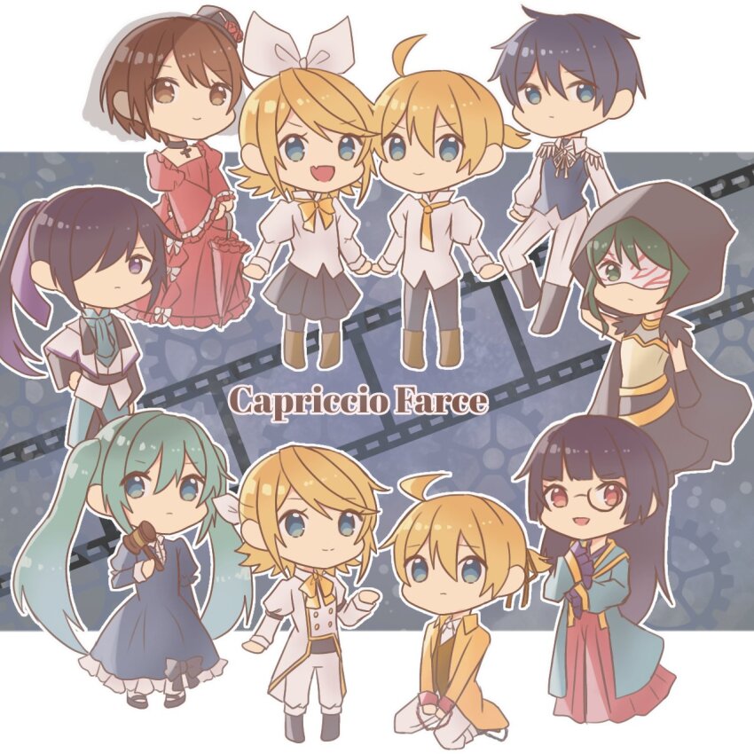 4boys 6+girls adam_moonlit ahoge allen_avadonia aqua_hair aqua_kimono aquamarinu ascot banica_conchita black_cape black_choker black_footwear black_hair black_pants black_pantyhose black_sash black_skirt blonde_hair blue_ascot blue_background blue_dress blue_eyes blue_hair blue_jacket blunt_bangs boots bow brown_footwear cape chaban_capriccio_(vocaloid) chain chibi choker clockworker&#039;s_doll collared_jacket collared_shirt cross cross_choker cuffs cummerbund dress epaulettes evillious_nendaiki film_strip flower frilled_dress frilled_sleeves frills gammon_octo gavel gear_(evillious_nendaiki) gears gold_trim green_eyes green_hair gretel_(evillious_nendaiki) gumi gumillia hair_between_eyes hair_bow hair_over_one_eye hair_ribbon hakaba_no_aruji hammer hand_on_own_hip hansel_(evillious_nendaiki) hat hat_flower hatsune_miku highres hime_cut holding holding_hammer holding_umbrella hood hood_up hooded_cape houtei_no_nushi jacket japanese_clothes kagamine_len kagamine_rin kaito_(vocaloid) kamui_gakupo kimono lilith_baldured long_hair long_skirt long_sleeves ma_(evillious_nendaiki) mary_janes mask_over_one_eye megurine_luka meiko_(vocaloid) mini_hat monocle multiple_boys multiple_girls necktie one_eye_covered pants pantyhose parasol pigeon-toed pink_skirt pleated_skirt ponytail puffy_long_sleeves puffy_sleeves purple_eyes red_dress red_flower red_rose ribbon rose sash shirt shoes short_hair short_ponytail sitting skirt sleeveless_blazer song_name umbrella veil very_long_hair vocaloid wariza wavy_hair white_bow white_jacket white_pants white_shirt wide_sleeves yellow_bow yellow_necktie