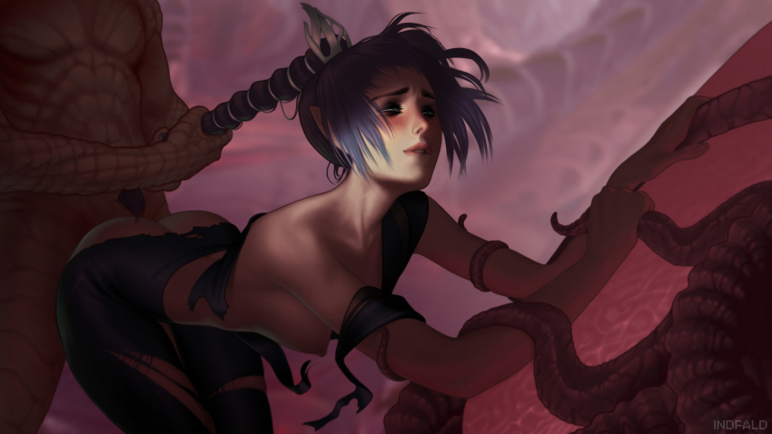 1boy 1girl aroused ass baldur&#039;s_gate baldur&#039;s_gate_3 bent_over black_hair blurry blurry_background braid braided_ponytail breasts clothed_female_nude_male the_dark_urge_(baldur&#039;s_gate) doggystyle dragon_boy elf grabbing_another&#039;s_hair head_out_of_frame hetero highres indfald medium_breasts nipples nude parted_lips pointy_ears scales sex sex_from_behind shadowheart_(baldur&#039;s_gate) small_breasts torn_clothes
