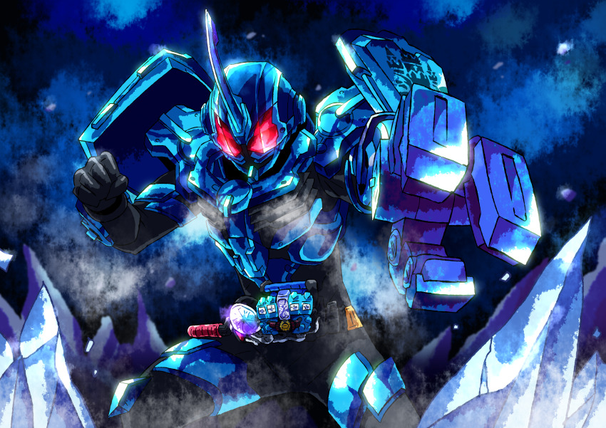 1boy absurdres armor belt black_bodysuit black_gloves blizzard blizzard_knuckle blue_armor blue_boots blue_horns bodysuit boots build_driver claw_(weapon) come_at_me_bro come_hither commentary compound_eyes fighting_stance gloves glowing glowing_eyes grease_blizzard highres horns ice kamen_rider kamen_rider_build_(series) kamen_rider_grease looking_at_viewer male_focus mechanical_hands otokamu red_eyes ribbed_bodysuit rider_belt single_horn single_mechanical_hand snow snowflakes snowing solo tokusatsu translucent weapon winter