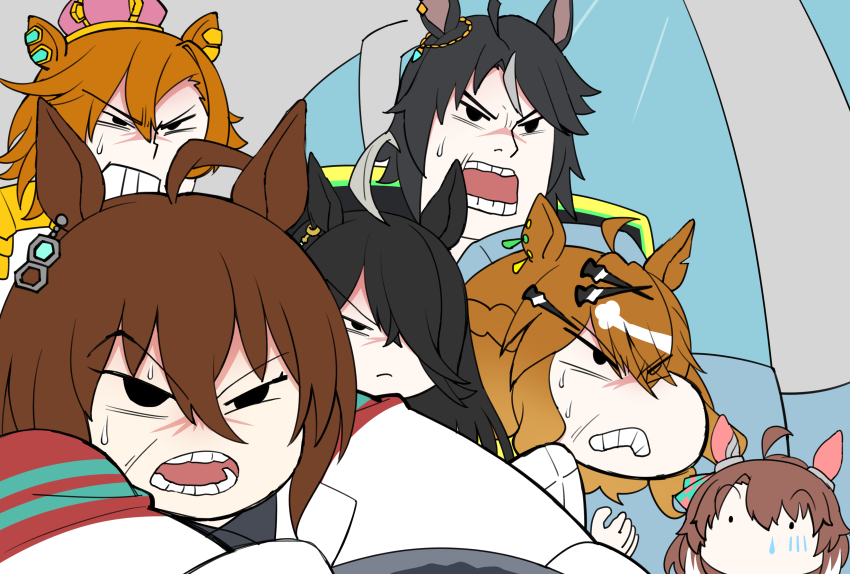 6+girls absurdres agnes_tachyon_(umamusume) ahoge animal_ears aramori_susumu black_hair braid brown_hair clenched_teeth commentary_request crayon_shin-chan crayon_shin-chan:_ankoku_tamatama_daitsuiseki crown dantsu_flame_(umamusume) ear_covers earrings french_braid fuji_kiseki_(umamusume) furrowed_brow grey_hair hair_between_eyes hair_ornament hair_over_one_eye hairclip highres horse_ears horse_girl jewelry jungle_pocket_(umamusume) long_bangs long_hair long_sleeves manhattan_cafe_(umamusume) medium_hair mini_crown multicolored_hair multiple_girls notched_ear parody pink_crown scene_reference short_hair single_earring style_parody sweatdrop swept_bangs t.m._opera_o_(umamusume) teeth two-tone_hair umamusume umamusume:_beginning_of_a_new_era usui_yoshito_(style) v-shaped_eyebrows v-shaped_eyes white_hair