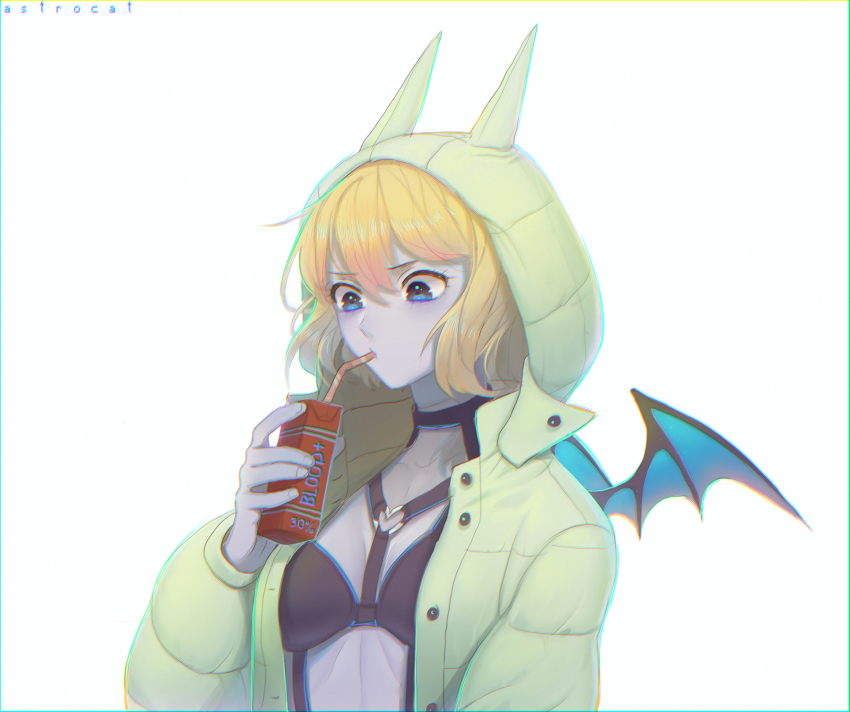 1girl animal_ear_hood animal_ears artist_name astrocatsama bat_ears bat_wings black_bra blonde_hair blue_eyes blue_wings bra breasts buttons cleavage coat collarbone colored_skin commentary drink drinking drinking_straw english_commentary eyelashes fake_animal_ears fingernails furrowed_brow green_coat green_hood green_sleeves grey_skin halterneck highres holding holding_drink hood hood_up hooded_coat juice_box light_blush long_sleeves looking_at_object medium_breasts mini_wings o-ring_bra open_clothes open_coat original puffy_long_sleeves puffy_sleeves ribs short_hair simple_background stomach underwear white_background wings
