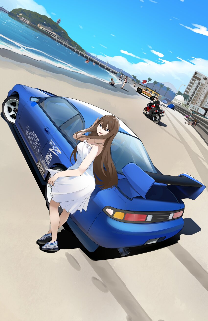 4boys 6+girls absurdres air_max air_max_97 asahan_arcila_(toonzoku) asamiya_mariko_(holeecrab) barber_girl_(holeecrab) beach black_bodysuit black_hair blonde_hair blue_car blue_eyes blue_hair bodysuit borrowed_character brown_hair car cloud dress footprints hair_between_eyes highres holeecrab lamppost long_hair looking_at_viewer motor_vehicle motorcycle mount_fuji multicolored_hair multiple_boys multiple_girls nike_(company) nissan nissan_silvia nissan_silvia_s14 ocean original palm_tree purple_hair raelyn_cunningham_(arhentol) shadow shizuku_inoue_(haow) short_hair sitting sky smile spoiler_(automobile) sports_car sports_utility_vehicle streaked_hair tree twintails very_long_hair white_dress yamaha