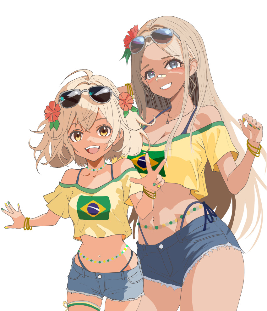 1977_oj3 2girls absurdres bandaid bandaid_on_face bandaid_on_nose blonde_hair blue_eyes brazilian_flag brazilian_flag_print brazilian_miku brazilian_miku_(cosplay) breasts centi_(nikke) cleavage cosplay flag_print goddess_of_victory:_nikke hatsune_miku hatsune_miku_(cosplay) highres jewelry liter_(nikke) long_hair looking_at_viewer multiple_girls navel shirt shorts smile tan tanline vocaloid yellow_shirt