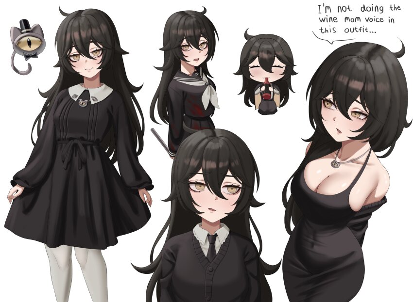1girl :/ ahoge alternate_breast_size alternate_costume bad_link bare_shoulders black_dress black_necktie black_serafuku black_shirt black_skirt blood blood_stain breasts cape chibi cleavage collage crowbar dress english_text grimmi_(vtuber) hat highres holding holding_crowbar horror_(theme) hot_sauce indie_virtual_youtuber jacket jacket_on_shoulders large_breasts light_blush long_hair messy_hair necktie oeffe_(oeffe_blank) pale_skin school_uniform serafuku shirt sidelocks skelter_(grimmivt) skirt smile socks solo speech_bubble thighhighs top_hat very_long_hair virtual_youtuber white_socks yellow_eyes