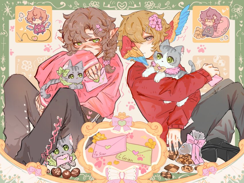 2boys alternate_costume animal animification bird_boy bishounen black_pants black_shoes blonde_hair blush border brown_hair cat character_doll checkerboard_cookie chocolate clothed_animal commentary cookie couple doll english_commentary envelope flower food goodtimeswithscar goodtimeswithscar_(elvish) green_border green_eyes grey_pants grian_(youtuber) hair_flower hair_ornament head_wings hermitcraft highres jellie_(hermitcraft) katy_bee long_hair long_sleeves male_focus michael28472610 minecraft_youtube mr._finnegan multiple_boys pants parrot_boy pink_shirt red_sweater scar scar_on_face scar_on_nose shirt shoes short_hair sitting sweater white_day wings yaoi