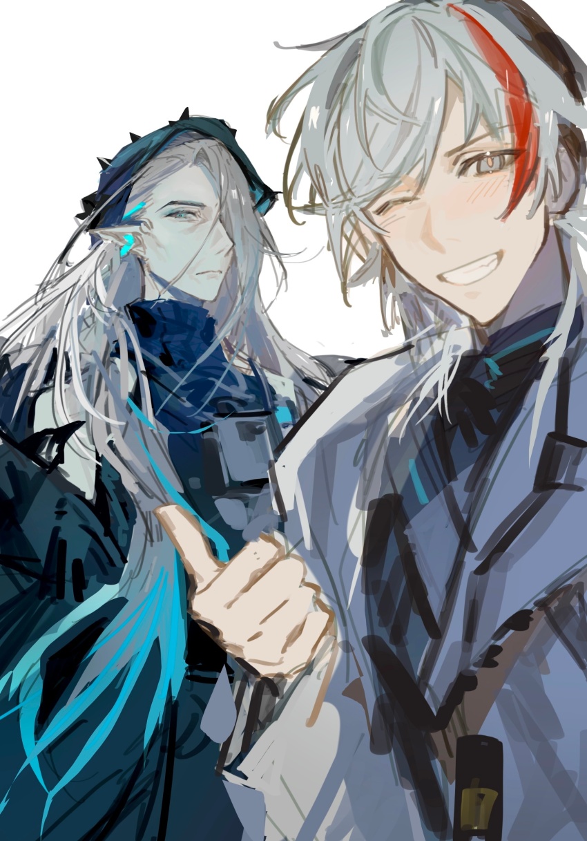 1boy 1girl ;d aqua_hair arknights blue_eyes chinese_commentary commentary_request elysium_(arknights) grey_eyes grey_hair grin highres long_hair looking_at_viewer making-of_available mantra_(arknights) muli_xiao_die multicolored_hair old old_woman one_eye_closed open_mouth paropiii pointy_ears red_hair revision simple_background sketch smile snake_girl streaked_hair thumbs_up two-tone_hair white_background