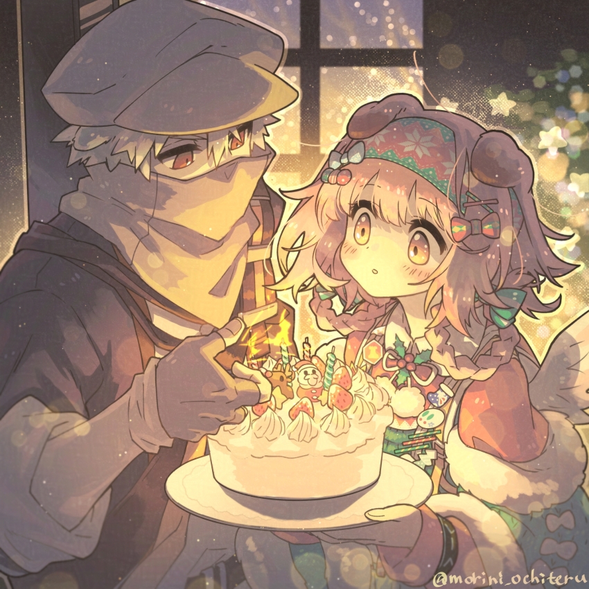 1boy 1girl :o animal_ears arknights blush bow brown_gloves brown_hat brown_jacket brown_scarf cake candle capelet cat_ears christmas_cake christmas_tree commentary_request dress fake_wings fingerless_gloves food fruit fur-trimmed_capelet fur-trimmed_dress fur_trim gloves goldenglow_(arknights) goldenglow_(maiden_for_the_bright_night)_(arknights) green_dress hair_bow hair_rings hat highres indoors infection_monitor_(arknights) jacket looking_down morini_ochiteru pink_hair red_(npc)_(arknights) red_capelet red_eyes reindeer scarf shirt slice_of_life strawberry twitter_username upper_body white_hair white_shirt window wings yellow_eyes
