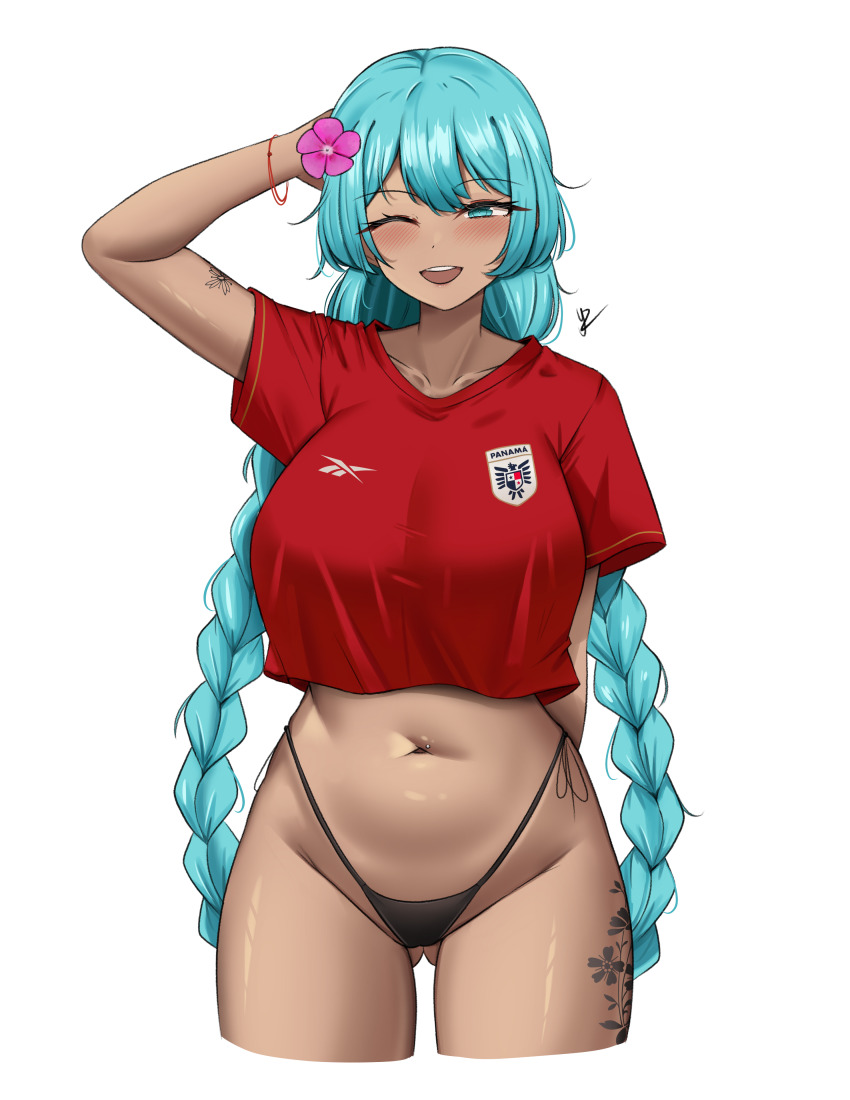 1girl :d absurdres arm_tattoo arm_up arms_behind_head bikini blue_eyes blue_hair blush braid collarbone cropped_legs cropped_shirt double-parted_bangs flower flower_tattoo gluteal_fold groin hair_flower hair_ornament hatsune_miku highleg highleg_bikini highres leg_tattoo long_hair looking_at_viewer navel navel_piercing one_eye_closed open_mouth panama piercing pink_flower red_shirt reebok shirt shirt_overhang short_sleeves side-tie_bikini_bottom signature simple_background smile solo stomach swimsuit tattoo teeth twin_braids twintails upper_teeth_only very_long_hair vocaloid white_background worldwide_miku yukaraishin