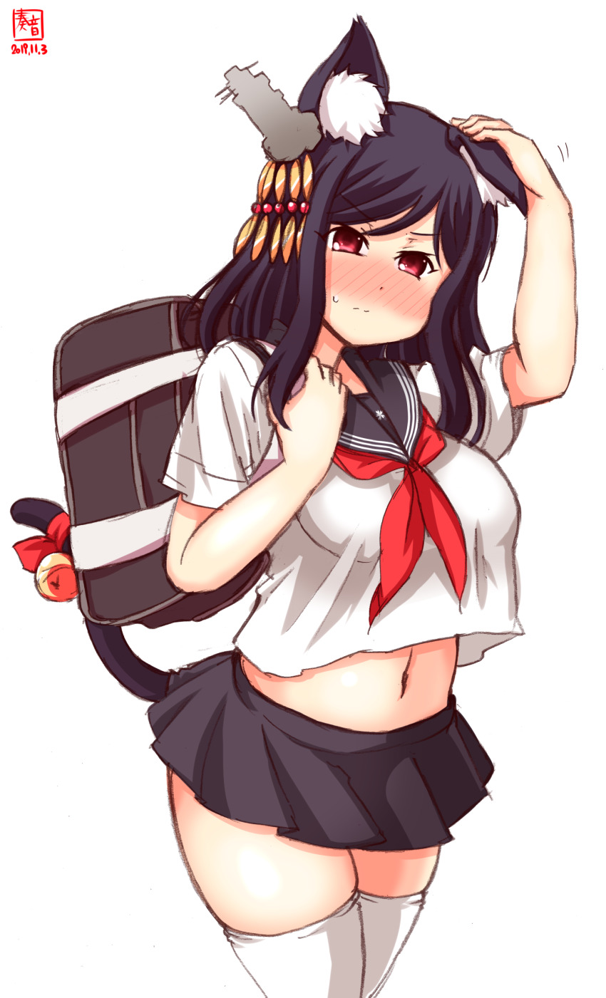 1girl absurdres alternate_costume animal_ear_fluff animal_ears artist_logo azur_lane bag black_hair black_sailor_collar black_skirt blush cat_ears cat_tail commentary_request cosplay cowboy_shot dated female_focus hair_ornament highres historical_name_connection kanon_(kurogane_knights) kantai_collection logo looking_at_viewer name_connection navel neckerchief pleated_skirt red_eyes red_neckerchief sailor_collar school_bag school_uniform serafuku shirt short_hair short_sleeves simple_background skindentation skirt solo standing tail thick_thighs thighhighs thighs white_background white_shirt white_thighhighs yamashiro_(azur_lane) yamashiro_(azur_lane)_(cosplay) yamashiro_(kancolle) yamashiro_(street_corner_offensive!)_(azur_lane) yamashiro_(summer_offensive?)_(azur_lane)