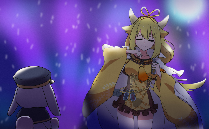 1girl blonde_hair bottle brown_skirt cape clenched_hand closed_eyes closed_mouth collarbone commentary_request cow_horns dancing dress fake_horns goou_yoshimitsu hair_flaps hairstyle_connection hands_up highres holding holding_bottle horns long_hair long_sleeves low_ponytail medicine meme orange-bird parody ponytail popped_collar scene_reference shikairo_days shikairo_days_dance_(meme) shikanoko_nokonoko_koshitantan skirt solo stuffed_animal stuffed_rabbit stuffed_toy tassel tenka_hyakken v-shaped_eyebrows white_cape wide_sleeves