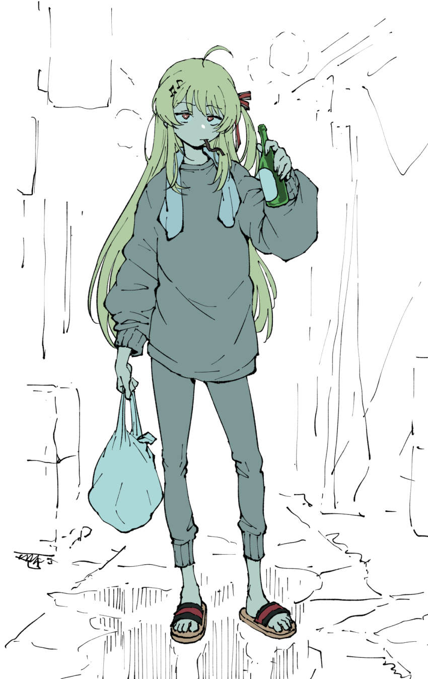 1girl :| ahoge alcohol arm_at_side bag blonde_hair bottle closed_mouth food_in_mouth fortissimo full_body grey_pants grey_sweater hair_ornament half-closed_eyes hand_up henriiku_(ahemaru) highres holding holding_bag holding_bottle hololive hololive_dev_is long_hair looking_at_viewer loungewear monochrome_background musical_note musical_note_hair_ornament no_socks one_side_up otonose_kanade outdoors pants plastic_bag puddle red_eyes road sandals sketch_background solo standing sweater sweatpants towel towel_around_neck virtual_youtuber white_background
