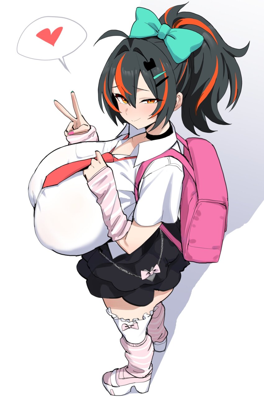 1girl absurdres arm_warmers backpack bag black_hair breasts chinatsu_remiel cosplay highres huge_breasts multicolored_hair nail_polish necktie pink_arm_warmers pink_bag pink_eyes ponytail school_uniform shoes streaked_hair thighhighs v white_shoes xipa zenless_zone_zero zhu_yuan