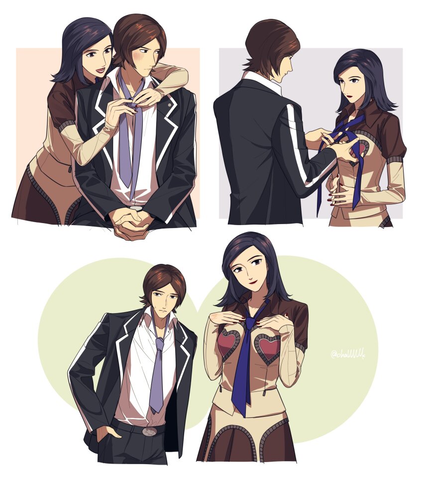 1boy 1girl :d absurdres amano_maya black_hair black_jacket black_pants blue_necktie blush brown_dress brown_eyes brown_hair challlllk closed_mouth commentary cropped_legs dress fingernails heart heart_print hetero highres jacket lapels long_sleeves looking_at_another looking_at_viewer medium_hair multiple_views nail_polish necktie open_clothes open_jacket open_mouth pants persona persona_2 purple_eyes purple_necktie red_nails school_uniform seven_sisters_high_school_uniform shirt smile suou_tatsuya symbol-only_commentary twitter_username tying_necktie white_background white_shirt