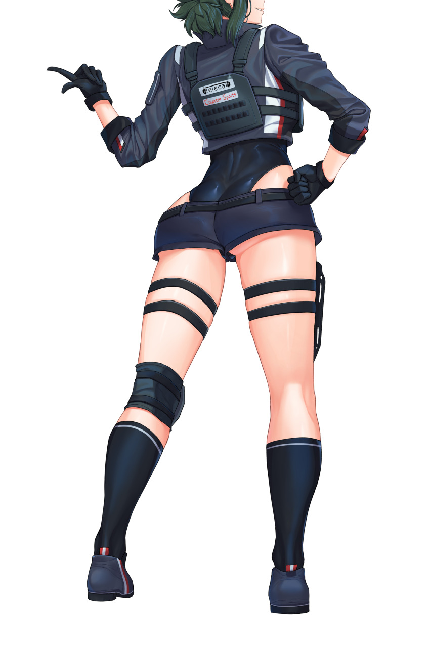 1girl absurdres back black_socks body_armor counter:side fist_on_hip gloves green_hair highres jacket knee_pads laika_(counter:side) leotard shoes shorts simple_background single_knee_pad smile sneakers socks solo white_background yaegum2001