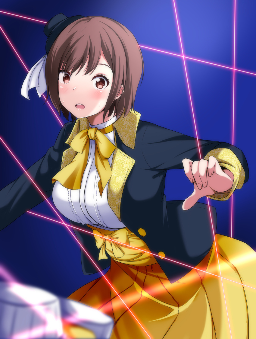 1girl absurdres black_jacket blue_background blurry blurry_foreground breasts brown_hair commission cowboy_shot hayami_umika highres jacket kaitou_sentai_lupinranger_vs._keisatsu_sentai_patranger large_breasts laser pandacross pixiv_commission shirt short_hair simple_background skirt solo super_sentai vs_changer white_shirt yellow_skirt