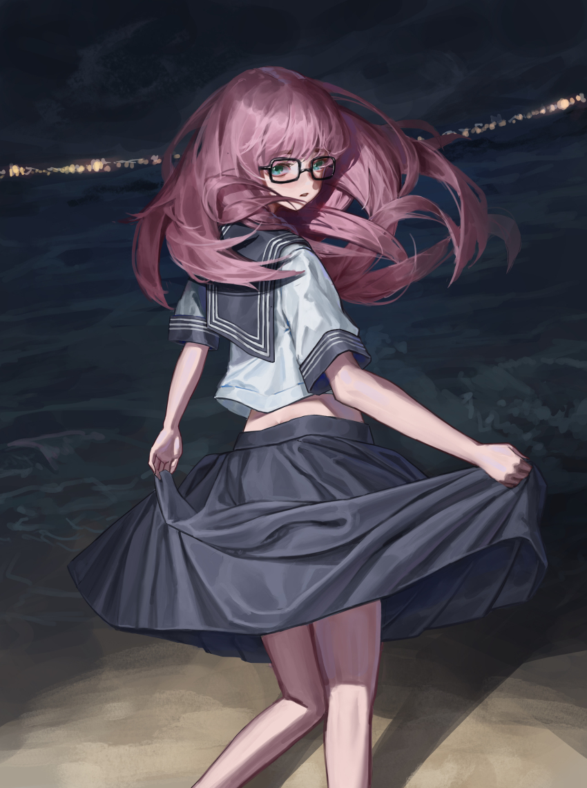 1girl absurdres bang_dream! bang_dream!_it&#039;s_mygo!!!!! beach blush chihaya_anon dress glasses grey_eyes highres long_hair ocean pink_hair sayi school_uniform serafuku