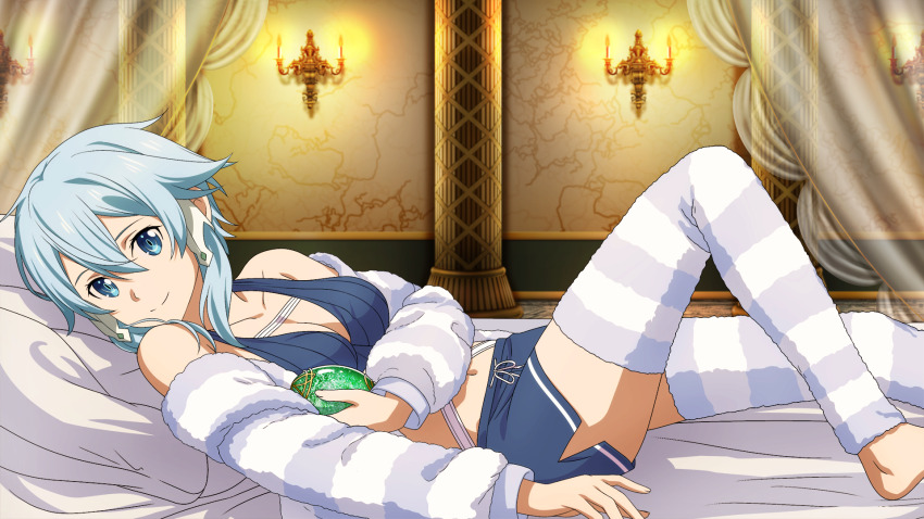 1girl barefoot bed_sheet blue_eyes blue_hair bra breasts candelabra candlestand cardigan cleavage closed_mouth curtains dolphin_shorts game_cg grey_bra grey_shorts hair_between_eyes hair_tubes highres indoors leg_warmers looking_at_viewer lying medium_breasts navel official_art on_back pillow short_hair_with_long_locks short_shorts shorts sinon sinon_(solus) sleepwear smile solo striped_cardigan striped_leggings sword_art_online sword_art_online_last_recollection underwear