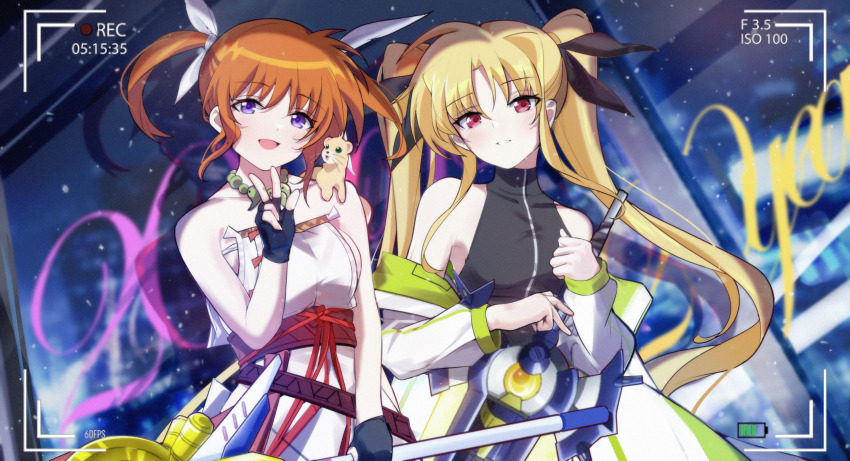 2girls absurdres bardiche_(nanoha) bardiche_(straight_saber_form)_(nanoha) bare_shoulders blonde_hair blush brown_hair changpan_hutao coat cosplay fate/grand_order fate_(series) fate_testarossa fingerless_gloves gloves hair_ribbon highres himiko_(fate) himiko_(fate)_(cosplay) himiko_(first_ascension)_(fate) holding jewelry long_hair long_sleeves looking_at_viewer lyrical_nanoha magical_girl mahou_shoujo_lyrical_nanoha mahou_shoujo_lyrical_nanoha_reflection mizuki_nana multiple_girls nagao_kagetora_(fate) necklace obi off_shoulder open_mouth purple_eyes raising_heart raising_heart_(device_mode)_(1st) red_eyes ribbon sash smile takamachi_nanoha tamura_yukari teeth twintails uesugi_kenshin_(fate) uesugi_kenshin_(fate)_(cosplay) uesugi_kenshin_(second_ascension)_(fate) v very_long_hair voice_actor_connection yuuno_scrya