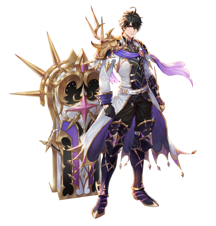 1boy absurdres ahoge armor armored_boots black_gloves black_hair black_pants black_shirt boots coat commentary crow_(king&#039;s_raid) english_commentary frown full_body gauntlets gloves gold_trim highres king&#039;s_raid lagna leg_armor official_alternate_costume official_art pants pink_eyes purple_boots purple_coat purple_sleeve_cuffs shirt short_hair shoulder_armor simple_background single_gauntlet single_glove solo two-sided_coat two-sided_fabric weapon white_background white_coat