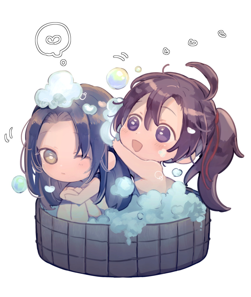 2boys :d ahoge amana_raika bath bathing black_hair blush brown_hair bubble chibi chibi_only closed_mouth couple crossed_arms hair_between_eyes hair_ribbon heart high_ponytail highres in_bathtub knees_up lan_wangji long_hair looking_at_another male_focus modao_zushi multiple_boys nude one_eye_closed open_mouth parted_bangs ponytail purple_eyes red_ribbon ribbon shared_bathing simple_background sitting smile soap_bubbles speech_bubble spoken_heart thought_bubble washing_another wei_wuxian white_background wooden_bathtub yaoi yellow_eyes