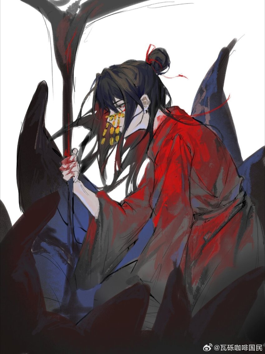 1boy black_hair black_liquid blood blood_on_clothes blood_on_hands blood_on_neck chinese_clothes chinese_commentary coin coin_mask covered_mouth dao_gui_yi_xian dripping floating_hair from_side hair_bun hair_ribbon hand_up hanfu highres holed_coin kneeling li_huowang liu_ying_de_ji_jia_ang_yang long_hair long_sleeves looking_down male_focus mask melting mouth_veil profile red_eyes red_hanfu red_ribbon ribbon robe rock simple_background single_hair_bun solo upper_body veil watermark weibo_watermark white_background wide_sleeves