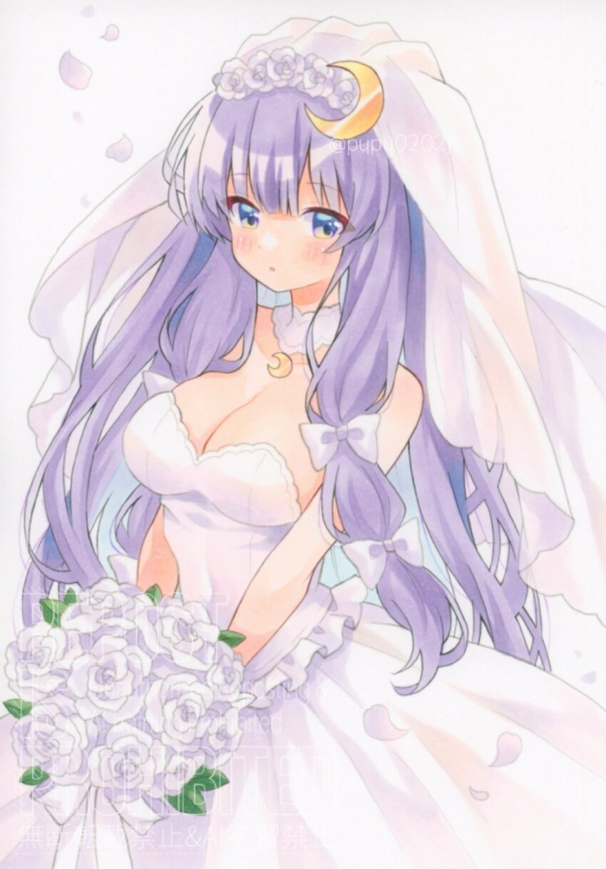 1girl alternate_costume blush bouquet bow breasts bridal_veil choker cleavage commentary crescent crescent_hair_ornament dress falling_petals flower hair_bow hair_ornament hashtag-only_commentary highres holding holding_bouquet large_breasts long_hair looking_at_viewer patchouli_knowledge petals purple_eyes purple_hair purple_petals rose solo strapless strapless_dress touhou veil very_long_hair watermark wedding_dress white_bow white_choker white_dress white_flower white_rose white_veil yuiki_(cube)