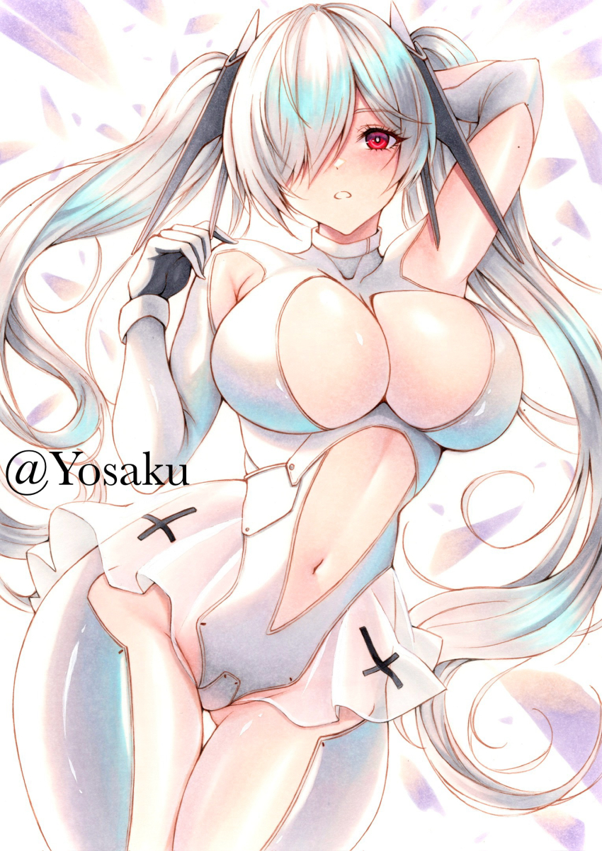 1girl arm_up armpit_cutout bodysuit breasts cinderella_(nikke) cleavage clothing_cutout commentary gloves gluteal_fold goddess_of_victory:_nikke grey_hair hair_ornament hair_over_one_eye highres large_breasts leg_cutout long_hair looking_at_viewer navel one_eye_covered parted_lips red_eyes see-through_clothes see-through_skirt simple_background skirt solo stomach_cutout twintails twitter_username white_bodysuit yosaku_vs_hina