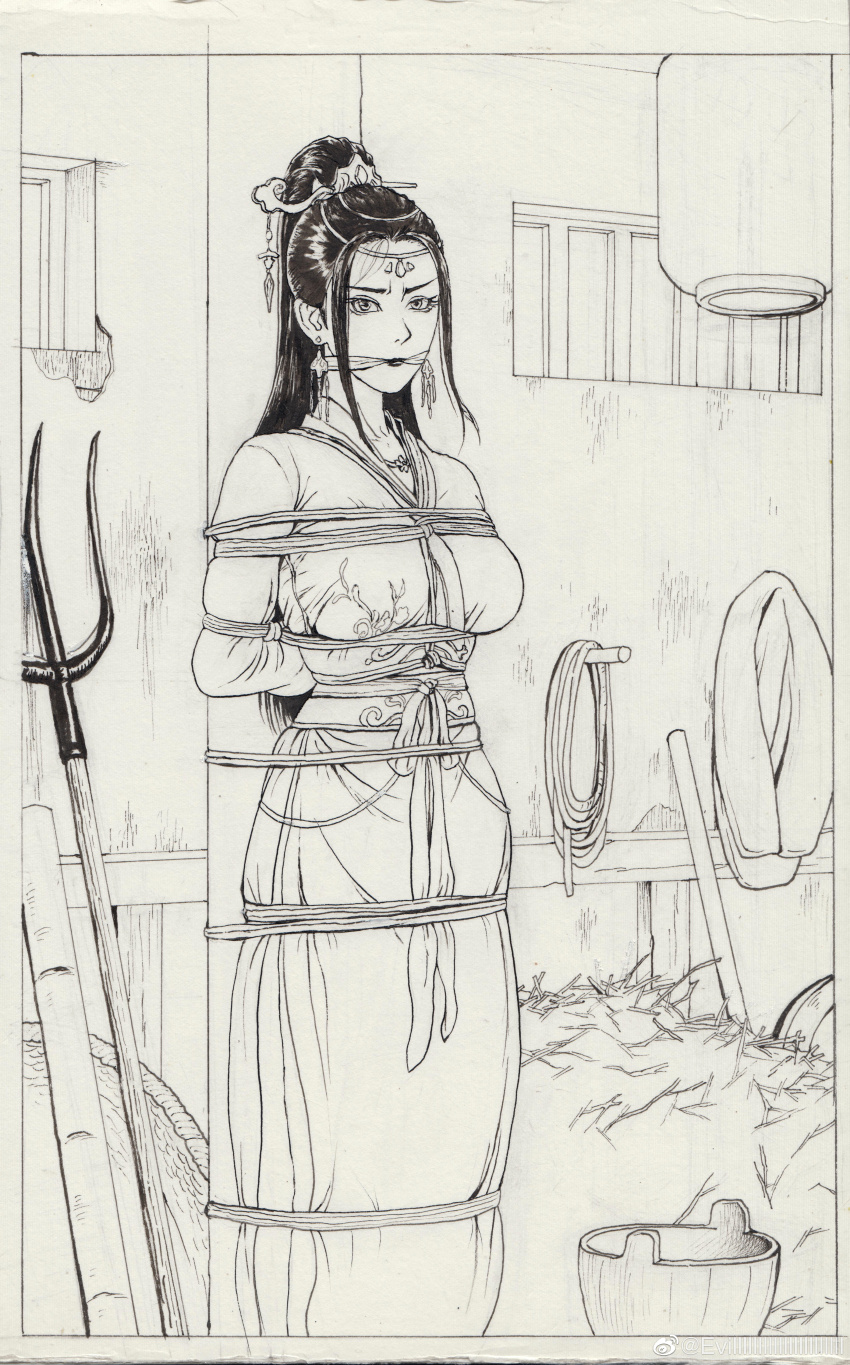 1girl absurdres barn bdsm black_hair bondage bound breasts chinese_clothes earrings evillllllllllllllllllllll gagged greyscale hay highres indoors jewelry long_hair medium_breasts monochrome original pillar pitchfork ponytail rope sash solo window