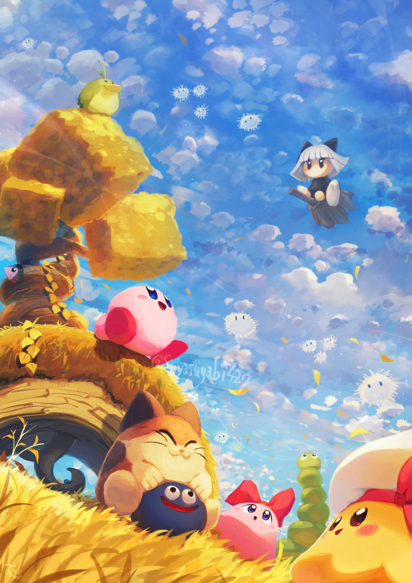 :3 :d ^_^ absurdres apolo_(kirby) artist_name autumn autumn_leaves black_bow black_eyes blue_eyes blue_sky blunt_bangs blush blush_stickers bob_cut bow broom broom_riding brown_eyes cat chuchu_(kirby) closed_eyes closed_mouth cloud cloudy_sky commentary_request day falling_leaves gooey_(kirby) grass hair_bow hat highres hill keke_(kirby) kirby kirby&#039;s_dream_land_3 kirby_(series) leaf looking_up nago_(kirby) nintendo no_humans nyupun_(kirby) open_mouth outdoors pasara_(kirby) pitch_(kirby) plant plant_roots popon_(kirby) red_bow sailor_hat shadow short_hair sky smile suyasuyabi tree twitter_username vines whiskers white_hair white_headwear wind