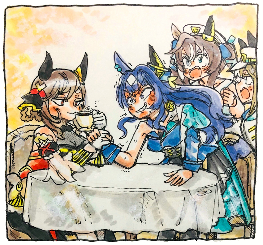 4girls :o animal_ears arm_wrestling blue_hair blue_ribbon blush braid braided_hair_rings brown_hair chair cheval_grand_(umamusume) clenched_teeth commentary_request cup detached_collar drinking ear_covers elbow_on_table gentildonna_(umamusume) gloves hair_between_eyes hair_ribbon hair_rings hat hat_belt highres holding holding_cup horse_ears horse_girl long_hair morisshii_(morishiey) multiple_girls red_eyes ribbon siblings single_ear_cover sisters smile struggling table tablecloth teeth trembling umamusume v_sisters verxina_(umamusume) vivlos_(umamusume) white_gloves white_hat wrist_cuffs