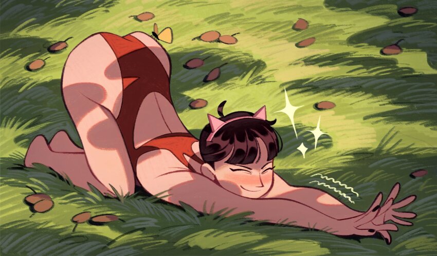 1girl ^_^ animal_ear_hairband animal_ears back_cutout barefoot black_hair black_nails bug butterfly cat_ear_hairband cat_ears cat_stretch closed_eyes clothing_cutout commentary english_commentary fake_animal_ears friedbaens full_body grass hairband highres insect on_ground one-piece_swimsuit original red_one-piece_swimsuit short_hair smile solo stretching swimsuit