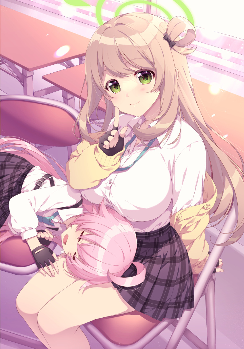 2girls ahoge alpha_(yukai_na_nakamatachi) black_gloves black_skirt blue_archive blue_necktie breasts brown_hair chair commentary desk fingerless_gloves gloves green_eyes green_halo hair_between_eyes hair_spread_out halo highres hoshino_(blue_archive) id_card index_finger_raised jacket large_breasts long_hair long_sleeves looking_at_viewer multiple_girls necktie nonomi_(blue_archive) on_chair open_mouth pink_hair pink_halo puffy_long_sleeves puffy_sleeves school_desk school_uniform shirt sitting skirt sleeping smile very_long_hair white_shirt yellow_jacket