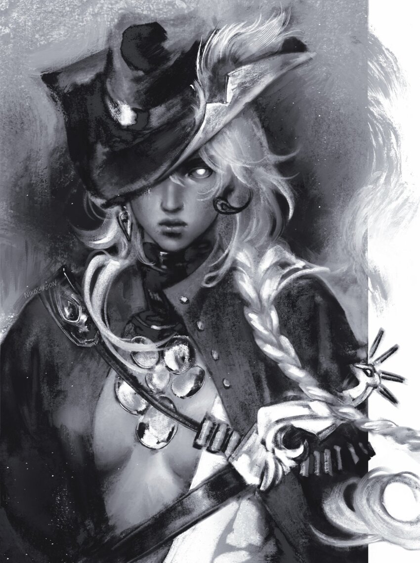 1girl argus_(reverse:1999) breasts cape cowboy_hat glowing glowing_eyes grey_background greyscale hat hat_over_one_eye highres long_braid looking_at_viewer medium_breasts monochrome nikolas_(nikolardon) no_bra one_eye_covered open_clothes open_shirt reverse:1999 solo upper_body