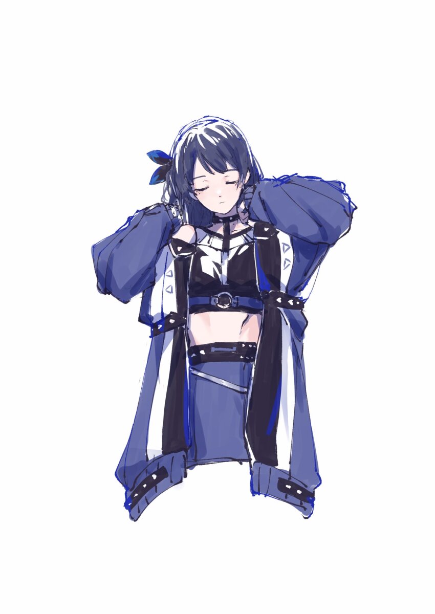 1girl ampere_(love_live!) black_shirt blue_coat blue_hair blue_skirt choker closed_eyes coat collarbone crop_top cropped_legs cropped_shirt facing_viewer hand_on_own_neck highres l9525 link!_like!_love_live! long_hair love_live! midriff mole mole_on_neck murano_sayaka official_alternate_costume open_clothes open_coat shirt simple_background skirt solo virtual_youtuber white_background