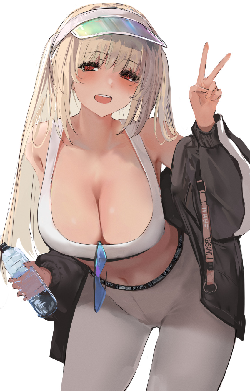 1girl absurdres azur_lane bare_shoulders blonde_hair blue-tinted_eyewear blush bottle breasts cleavage collarbone eyewear_hang highres kersaint_(azur_lane) kersaint_(reverent_runner)_(azur_lane) large_breasts liaowen long_hair long_sleeves looking_at_viewer navel official_alternate_costume open_mouth pants red_eyes sidelocks smile solo sports_bra sports_sunglasses sunglasses thighs tight_clothes tight_pants tinted_eyewear twintails unworn_eyewear visor_cap water_bottle white_pants white_sports_bra yoga_pants