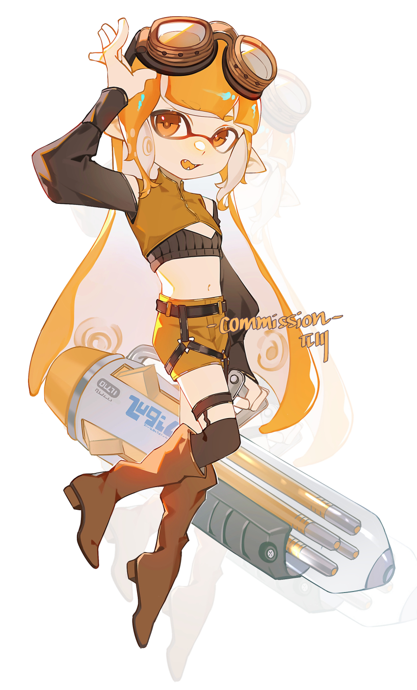 1girl absurdres adjusting_eyewear androgynous arm_at_side arm_up backlighting ballpoint_splatling_(splatoon) bao_jiang_fenhong belt black_belt black_shirt black_socks blunt_bangs boots brown_footwear brown_jacket brown_shorts cleavage_cutout clothing_cutout colored_tongue commission crop_top fangs full_body goggles goggles_on_head highres holding holding_weapon jacket knee_up kneehighs legwear_garter long_hair long_sleeves looking_to_the_side mandarin_collar multicolored_hair navel nintendo open_mouth orange_eyes orange_hair orange_pupils orange_tongue pilot_goggles_(splatoon) plantar_flexion pointy_ears ribbed_shirt shirt shorts shoulder_cutout sideways_glance simple_background sleeveless sleeveless_jacket socks splatoon_(series) stomach tree two-tone_hair very_long_hair watermark weapon white_background white_hair zoom_layer