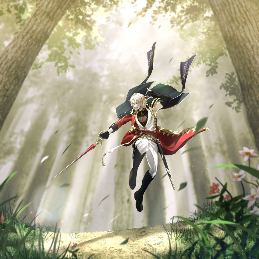 1029_kawa 1boy aiguillette black_boots black_cape black_gloves black_shirt blonde_hair boots braid breasts cape cleavage closed_mouth coat curtained_hair cypar_(noctilucent) day ear_piercing earrings elbow_gloves falling_leaves feather_hair_ornament feathers forest full_body gloves gold_trim grass grin hair_between_eyes hair_ornament half_up_braid half_updo hand_up highres holding holding_sword holding_weapon jacket jewelry jumping leaf looking_to_the_side male_focus mandarin_collar medium_hair nature noctilucent:_before_dawn open_clothes open_coat outdoors outstretched_arm pants partially_fingerless_gloves pectoral_cleavage pectorals piercing pouch red_coat red_eyes see-through_cleavage see-through_clothes shadow sheath shirt single_bare_shoulder single_sleeve sleeve_cuffs sleeveless sleeveless_jacket sleeveless_shirt smile solo sunlight sword thigh_pouch tree weapon white_jacket white_pants