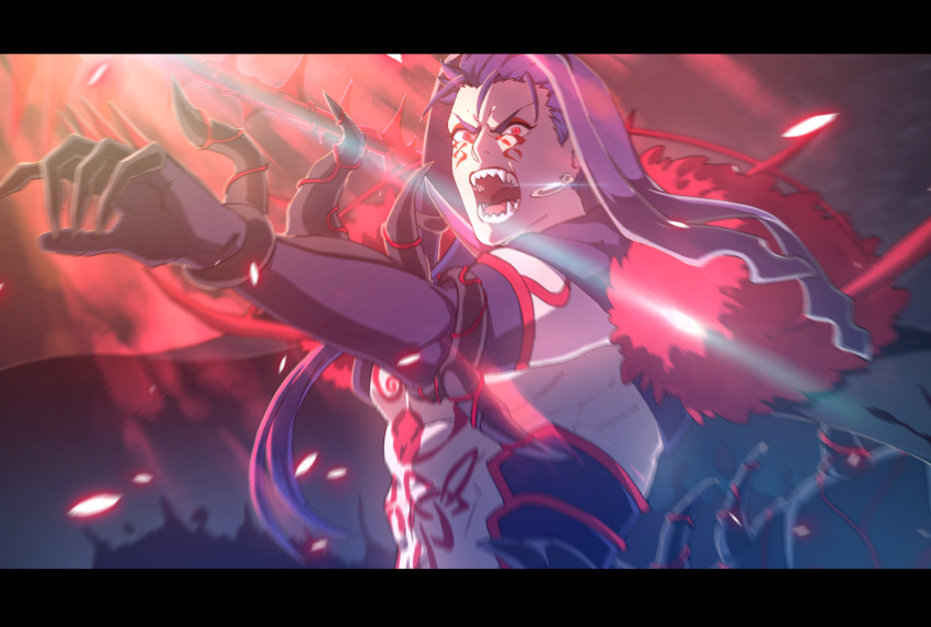 1boy abs black_gloves blue_hair blue_hood commentary_request cu_chulainn_(fate) cu_chulainn_alter_(fate) detached_hood earrings elbow_gloves fangs fate/grand_order fate_(series) fur_trim furrowed_brow gloves jewelry large_pectorals lens_flare letterboxed male_focus muscular muscular_male pectorals red_eyes sharp_teeth solo spiked_tail tail teeth upper_body v-shaped_eyebrows yanoooh