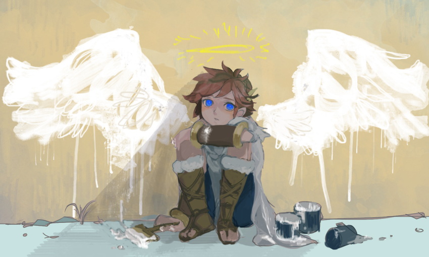 1boy arm_on_knee arm_support blue_eyes brown_hair commentary drawn_halo drawn_wings halo kid_icarus male_focus nintendo on_ground osakana_(oishiiosakana) paint paint_can paintbrush parted_lips pit_(kid_icarus) sandals short_hair sitting solo trim_brush white_paint