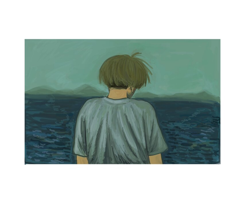 1boy brown_hair commentary_request facing_away from_behind futsuu_no_keion-bu highres male_focus ocean outdoors painterly shirt short_hair short_sleeves solo takami_kouki upper_body white_shirt zz_5mm