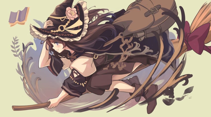 1girl blue_eyes blush book boots bow broom broom_riding brown_bag brown_footwear brown_hair floating_hair flower frilled_hat frills full_body hand_on_headwear hat hat_flower highres holding holding_broom large_bow leaning_forward long_hair looking_ahead open_book original pink_flower purple_eyes red_bow shoes smile solo soraizumi wind witch witch_hat yellow_background