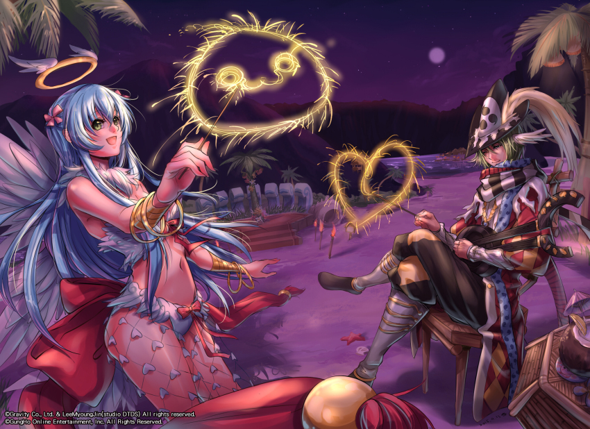 1boy 1girl :d argyle_clothes argyle_coat back_bow baggy_pants bangle beach bikini black_hat black_pants black_scarf blue_hair blue_scarf bow bracelet bracer breasts closed_mouth coat coconut commentary double_neck_guitar feather_trim feathered_wings figure_four_sitting fireworks full_body full_moon green_eyes green_hair guitar halo hat heart highres holding holding_fireworks holding_instrument in-universe_location instrument jewelry juliet_sleeves large_bow long_hair long_sleeves looking_at_another medium_breasts minstrel_(ragnarok_online) moon mountain navel night one_eye_closed open_mouth outdoors palm_tree pants plume polka_dot polka_dot_scarf poring puffy_sleeves purple_sky ragnarok_online red_bow red_coat red_scarf scarf short_hair sitting sky smile sparkler standing star_(sky) starry_sky stool striped_clothes striped_scarf swimsuit torch tree very_long_hair wanderer_(ragnarok_online) wei_yudu_rou white_bikini white_scarf white_wings winged_halo wings yellow_halo