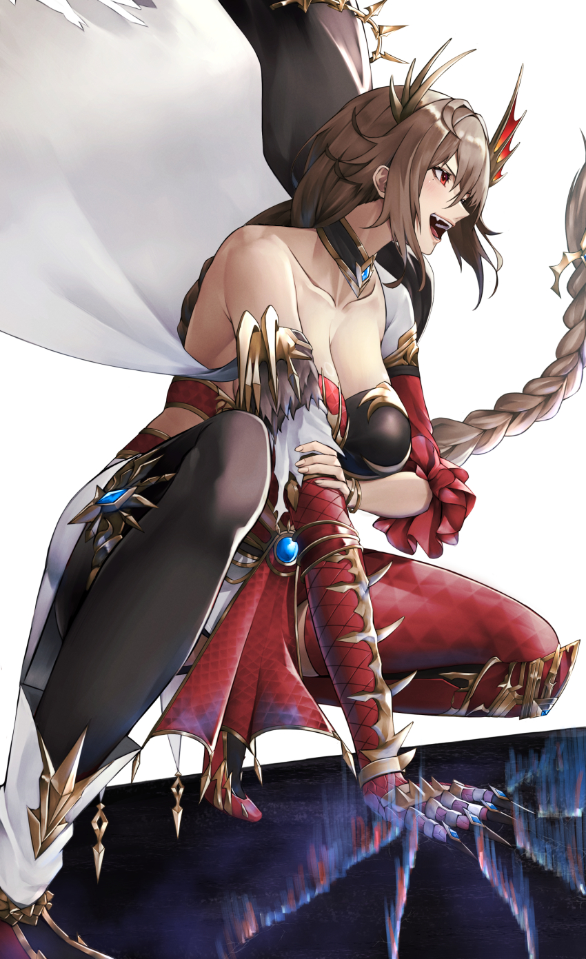 1girl absurdres asymmetrical_clothes bangle bracelet braid braided_ponytail breasts brown_hair cleavage crack cracked_floor dragon_claw dragon_girl dragon_horns fang galmieux_(shadowverse) highres horns jewelry knees_up large_breasts long_hair open_mouth profile red_eyes shadowverse sitting solo souma_(so_u_maaaaa) teeth
