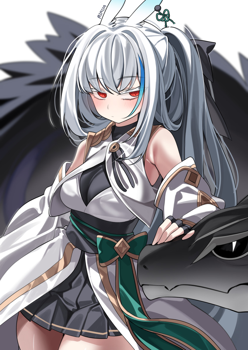 1girl absurdres bare_shoulders black_skirt blue_hair blush breasts detached_sleeves dragon grey_hair highres japanese_clothes kimono large_breasts len_(maplestory) long_hair looking_at_viewer maplestory multicolored_hair obi ponytail red_eyes rirua_(kjom802) sash short_kimono simple_background skirt solo streaked_hair white_background wide_sleeves