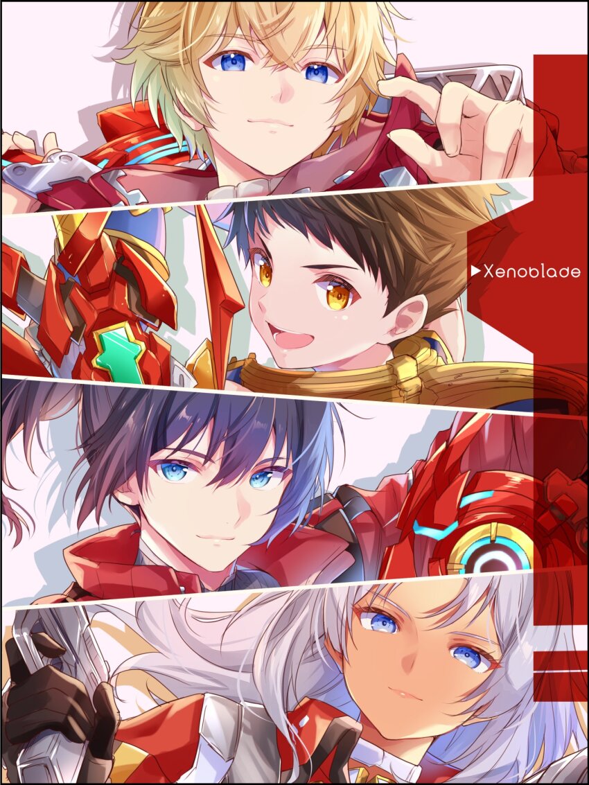 1girl 3boys black_hair blonde_hair blue_eyes brown_hair close-up copyright_name elma_(xenoblade_x) grey_hair highres long_hair male_focus multiple_boys noah_(xenoblade) rex_(xenoblade) short_hair shulk_(xenoblade) simple_background ui_frara white_background xenoblade_chronicles_(series) xenoblade_chronicles_1 xenoblade_chronicles_2 xenoblade_chronicles_3 xenoblade_chronicles_x
