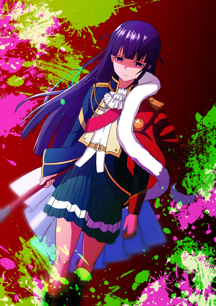 1girl absurdres ascot blue_coat blue_skirt blunt_bangs boots closed_mouth coat commentary_request feet_out_of_frame frown fur-trimmed_jacket fur_trim highres holding holding_polearm holding_weapon jacket jacket_on_shoulders knee_boots long_hair miniskirt open_clothes open_coat paint_splatter pleated_skirt polearm purple_hair red_background red_jacket serena_(user_jvdx8873) shaded_face shirt shoujo_kageki_revue_starlight skirt solo tsuyuzaki_mahiru two_side_up very_long_hair weapon white_ascot white_shirt