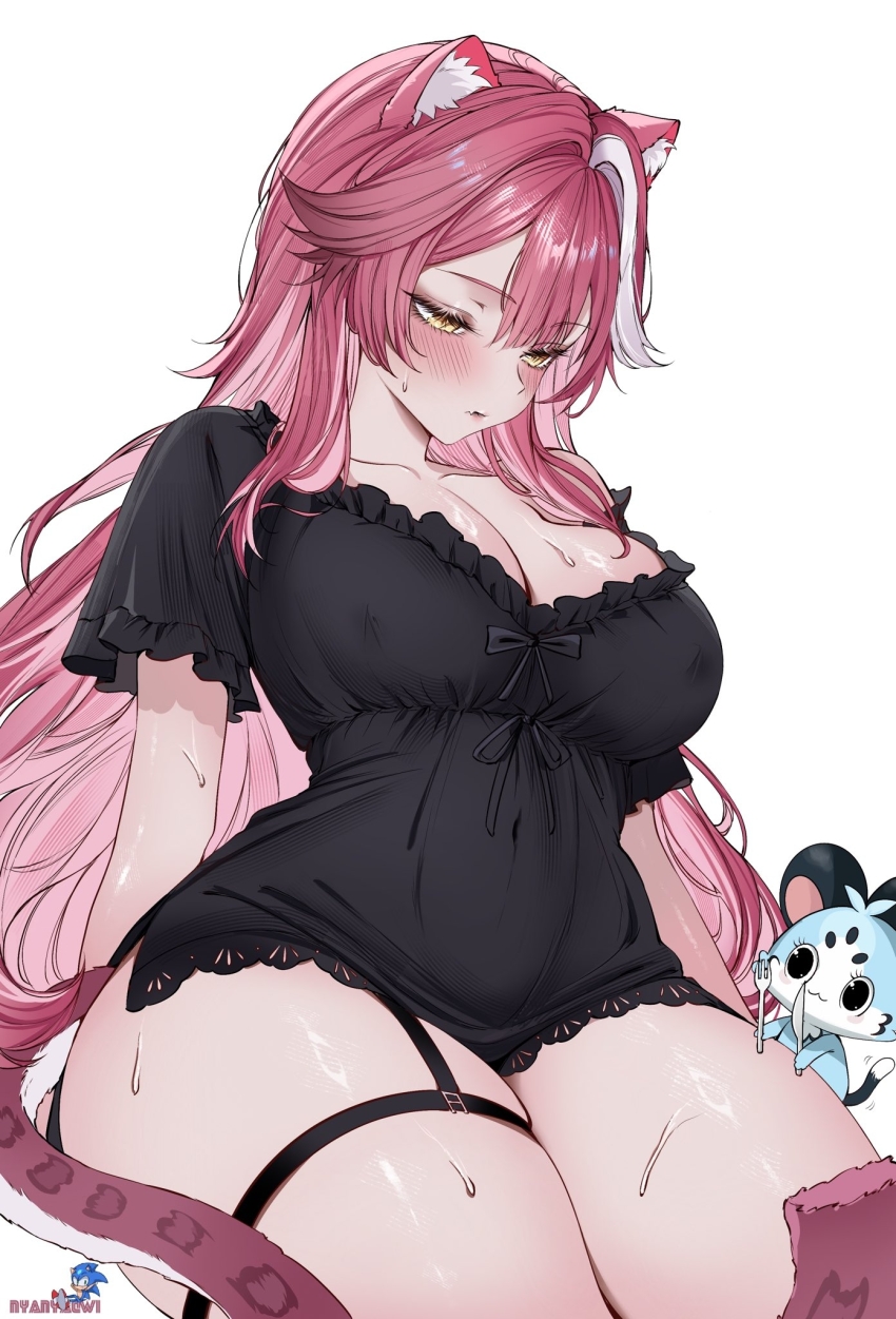 1girl animal_ears black_nightgown breasts chattino_(raora_panthera) cleavage commentary commentary_request covered_erect_nipples english_commentary fork highres holding holding_fork holding_knife hololive hololive_english knife large_breasts long_hair mixed-language_commentary nightgown nyanyaqwi paid_reward_available panther_ears panther_girl pink_hair raora_panthera simple_background sonic_(series) sonic_the_hedgehog sweat virtual_youtuber white_background white_streaks yellow_eyes
