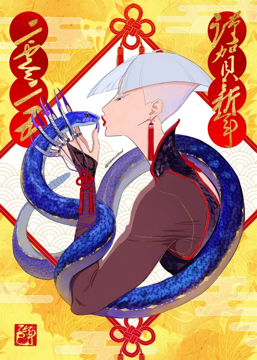 1girl a.k.i._(street_fighter) animal blunt_bangs blunt_ends bridal_gauntlets china_dress chinese_clothes chinese_zodiac dress earrings egasumi eyeshadow floral_print grey_hair hair_bun hand_fan highres holding holding_fan imminent_kiss japanese_clothes jewelry lipstick long_hair looking_at_viewer makeup new_year obi puckered_lips red_lips robe sash short_hair snake solo street_fighter street_fighter_6 sumustard tassel tassel_earrings upper_body weapon white_hair wide_sleeves year_of_the_snake