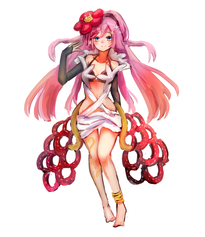 1girl barefoot black_bra blue_eyes bra bridal_gauntlets duel_monster flower full_body hair_flower hair_ornament hatano_kiyoshi highres looking_at_viewer midriff navel_peek pink_hair rafflesia_(flower) smile solo underwear white_background yu-gi-oh!
