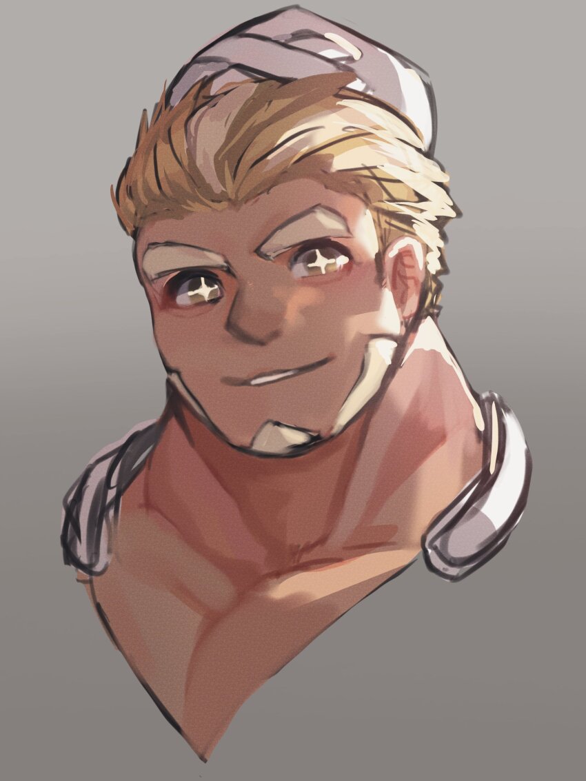 1boy ahura_mazda_(housamo) bara blonde_hair commentary_request gradient_background grey_background hat highres male_focus multicolored_hair muscular muscular_male parted_lips portrait shiratori_yokikana short_hair smile solo star-shaped_pupils star_(symbol) symbol-shaped_pupils thick_eyebrows tokyo_houkago_summoners two-tone_hair white_hair yellow_eyes